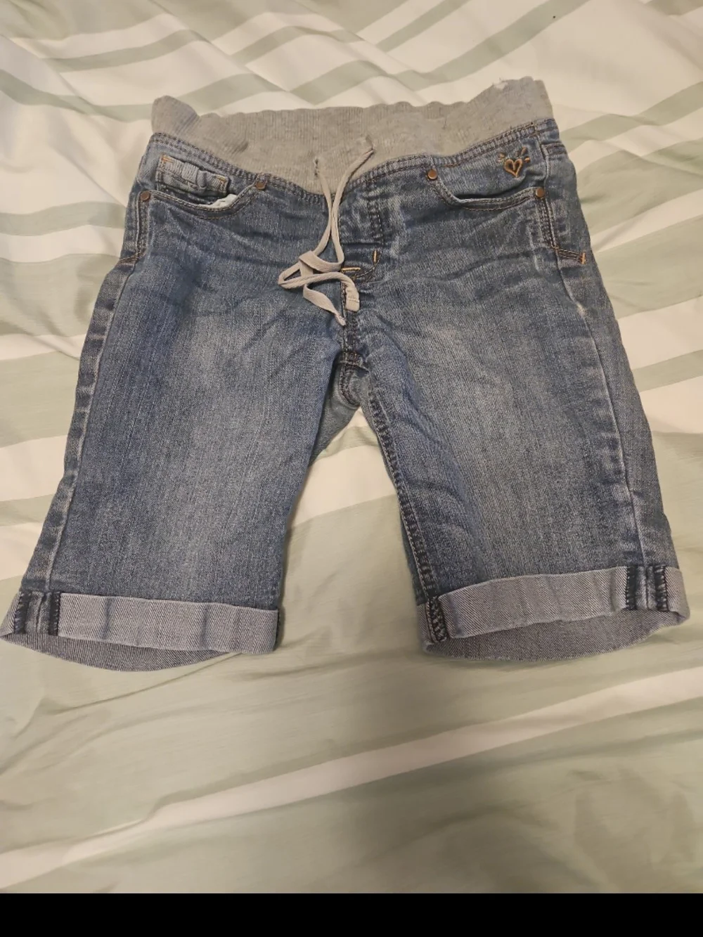 Justice Girls Denim Knit-Waist Roll Cuff Shorts in Blue and Gray